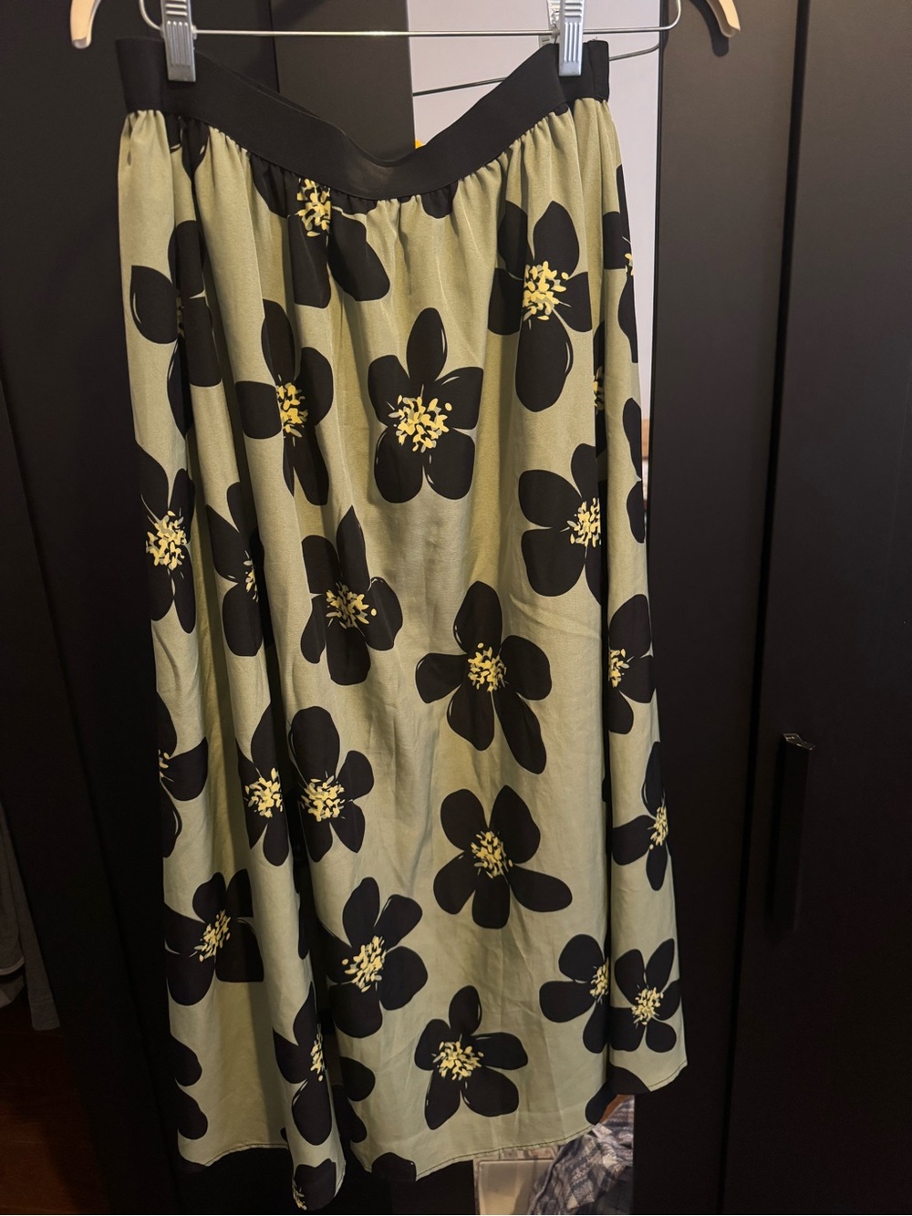 Floral A-Line Midi Skirt in Olive Green and Black